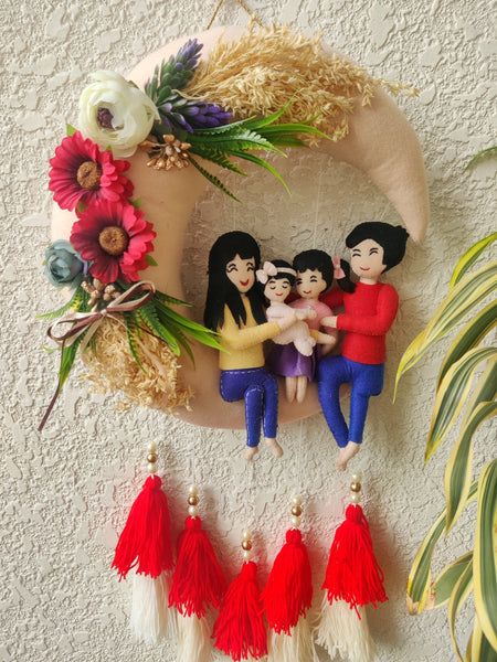 Couple & Two Daughters Felt Hoop with Tassels