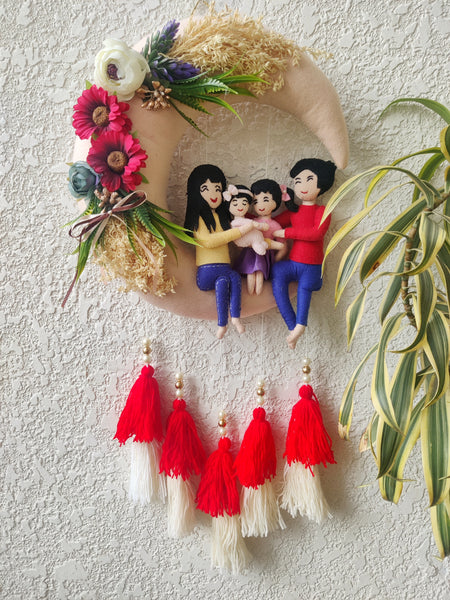 Couple & Two Daughters Felt Hoop with Tassels