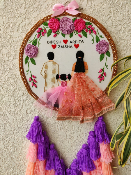 Customizable Couple & Child Anniversary Embroidered Hoop with Tassels