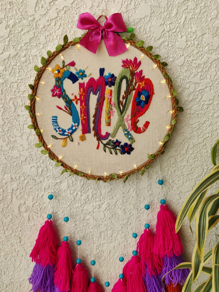 'Smile' Embroidered Hanging Dreamcatcher with Lights