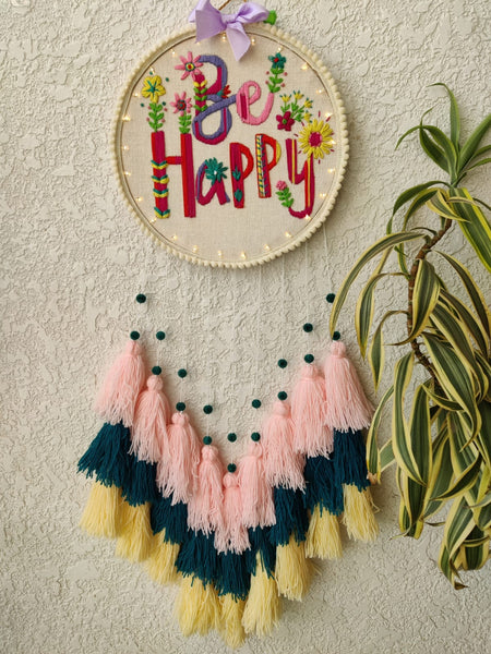 'Be Happy' Embroidered Hanging Dreamcatcher with Lights