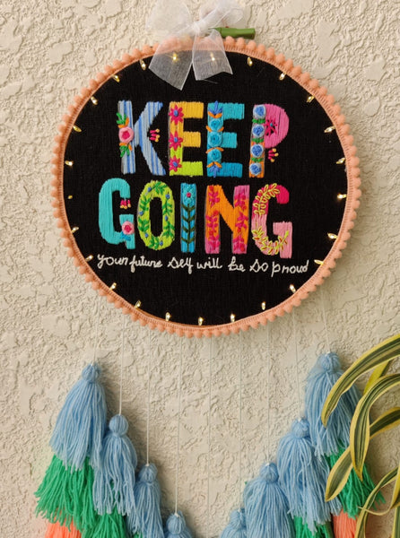 'Keep Going' Embroidered Hanging Dreamcatcher with Lights