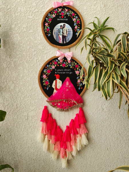 Customizable Bride & Groom Calendar Embroidered Double Hoop with Tassels