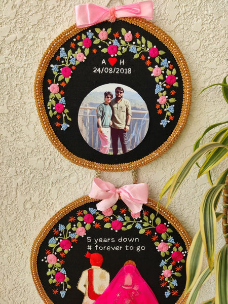 Customizable Bride & Groom Calendar Embroidered Double Hoop with Tassels