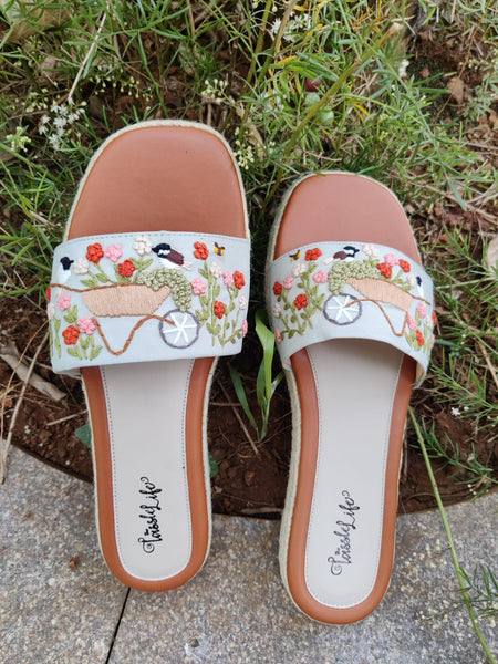 Bird & Floral Cart embroidered Heel Sliders