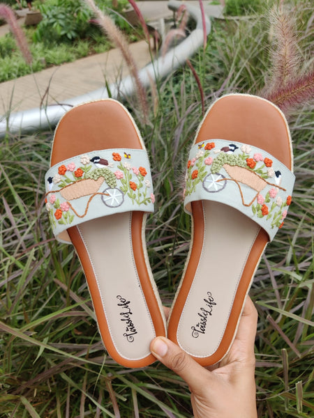 Bird & Floral Cart embroidered Heel Sliders