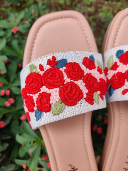 3D Red flowers embroidered Heel Sliders