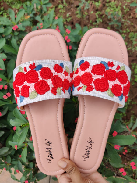 3D Red flowers embroidered Heel Sliders