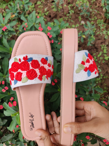3D Red flowers embroidered Heel Sliders