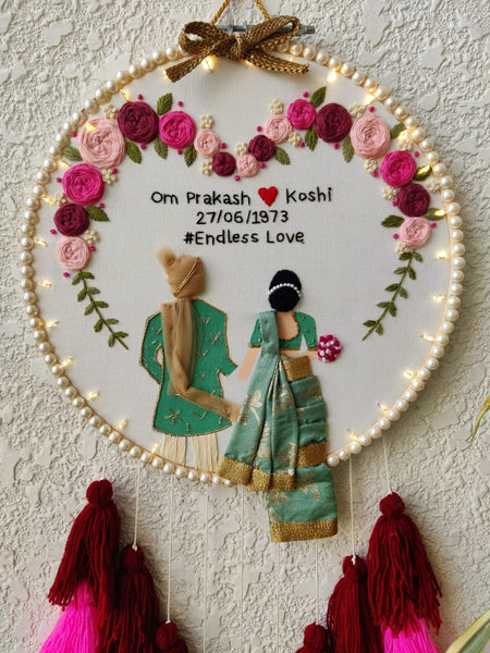 Customizable Couple Embroidered Hoop with Tassels & Lights