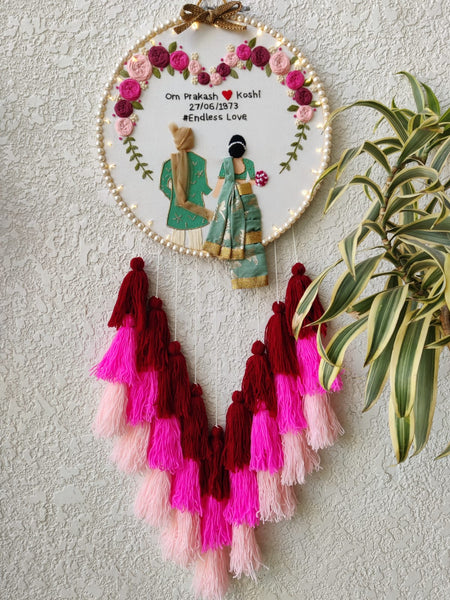 Customizable Couple Embroidered Hoop with Tassels & Lights