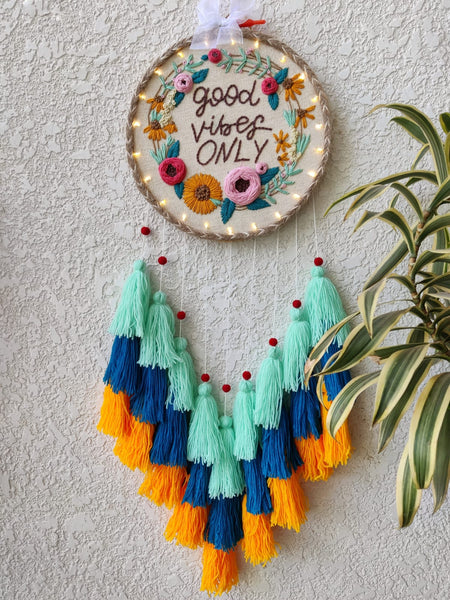 'Good Vibes Only' Embroidered Hanging Dreamcatcher with Lights