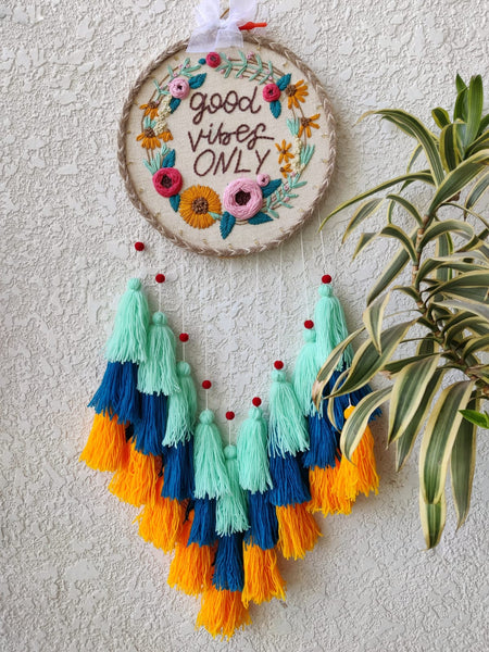 'Good Vibes Only' Embroidered Hanging Dreamcatcher with Lights