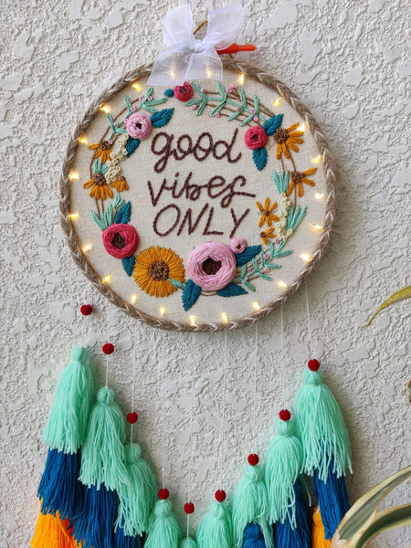 'Good Vibes Only' Embroidered Hanging Dreamcatcher with Lights
