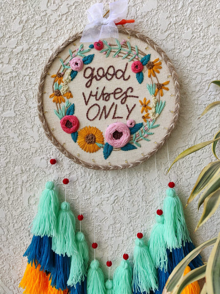 'Good Vibes Only' Embroidered Hanging Dreamcatcher with Lights