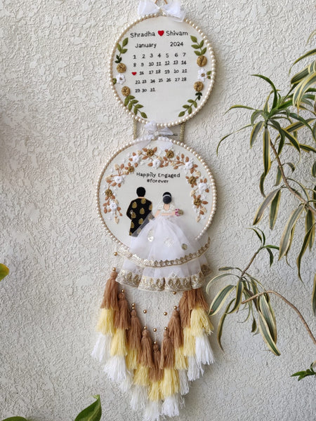 Customizable Bride & Groom Calendar Embroidered Double Hoop with Tassels
