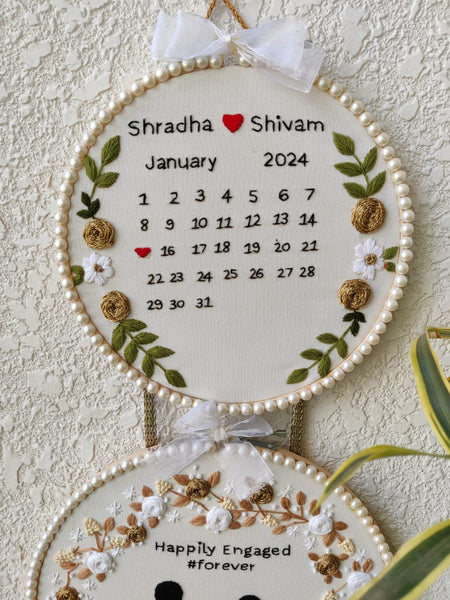 Customizable Bride & Groom Calendar Embroidered Double Hoop with Tassels