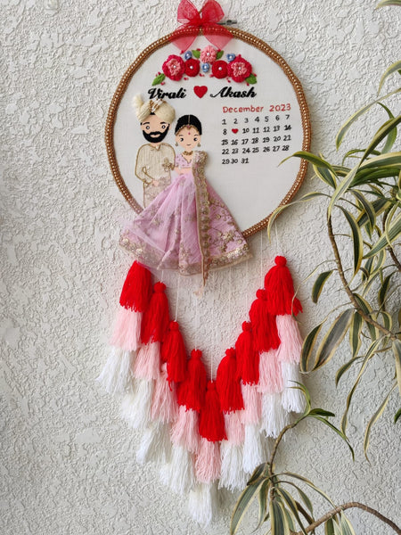 Customizable Bride & Groom Calendar Embroidered Hoop with Tassels