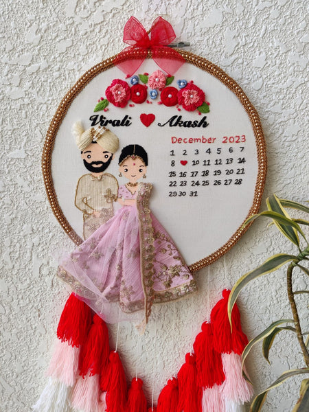Customizable Bride & Groom Calendar Embroidered Hoop with Tassels
