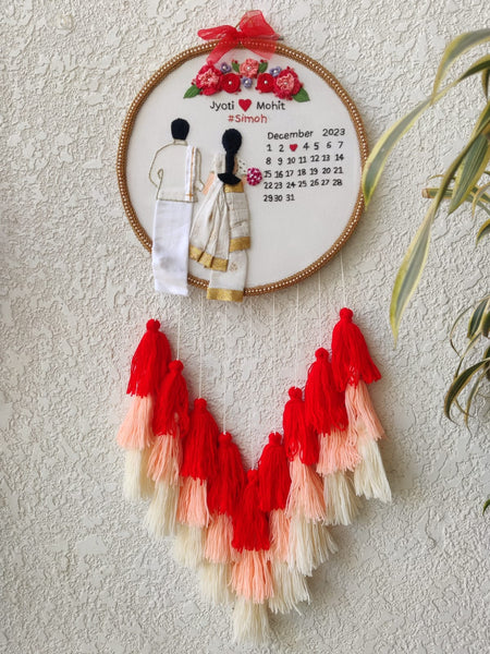 Customizable Bride & Groom Calendar Embroidered Hoop with Tassels