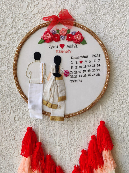 Customizable Bride & Groom Calendar Embroidered Hoop with Tassels