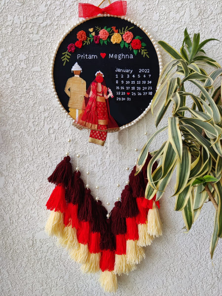 Customizable Bride & Groom Calendar Embroidered Hoop with Tassels