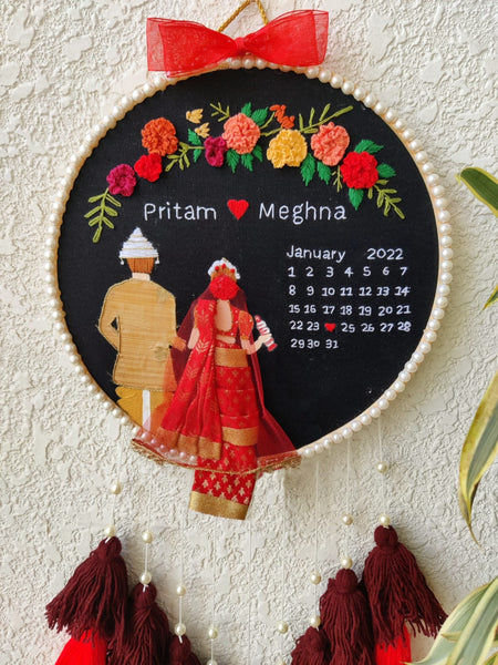 Customizable Bride & Groom Calendar Embroidered Hoop with Tassels