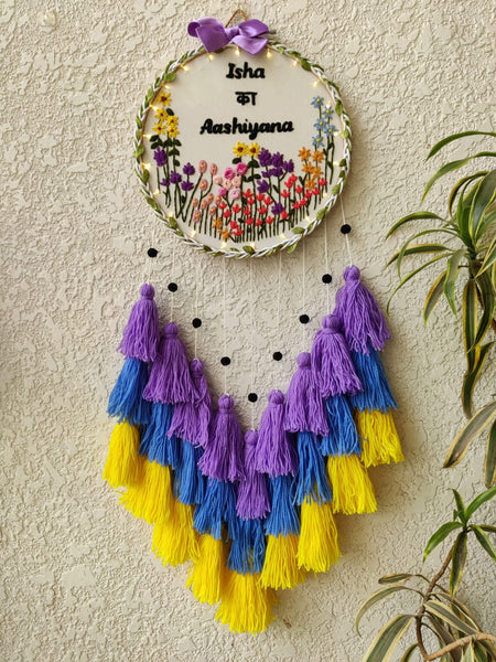 Customizable Name Floral Embroidered Hoop with Tassles & Lights