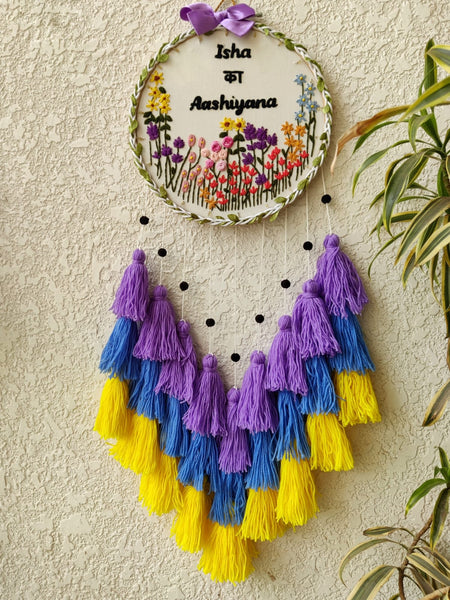 Customizable Name Floral Embroidered Hoop with Tassles & Lights