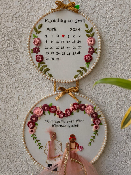 Customizable Bride & Groom Calendar Embroidered Double Hoop with Tassels