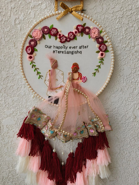 Customizable Bride & Groom Calendar Embroidered Double Hoop with Tassels