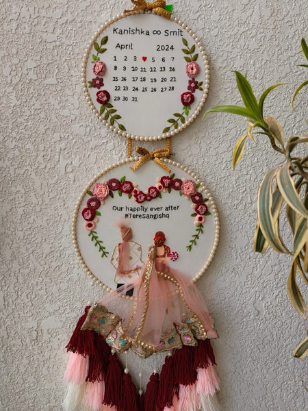Customizable Bride & Groom Calendar Embroidered Double Hoop with Tassels