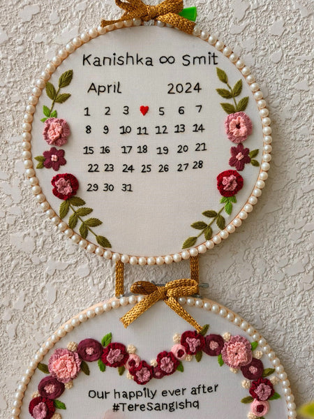 Customizable Bride & Groom Calendar Embroidered Double Hoop with Tassels