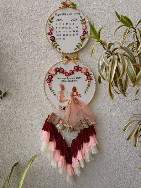 Customizable Bride & Groom Calendar Embroidered Double Hoop with Tassels