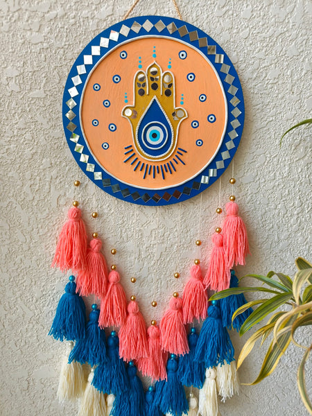 Hamsa Hand Lippan Art Wall Hanging with Tassles
