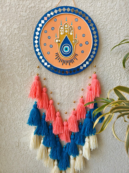 Hamsa Hand Lippan Art Wall Hanging with Tassles