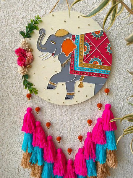 Elephant Lippan Art Wall Hanging with Tassles