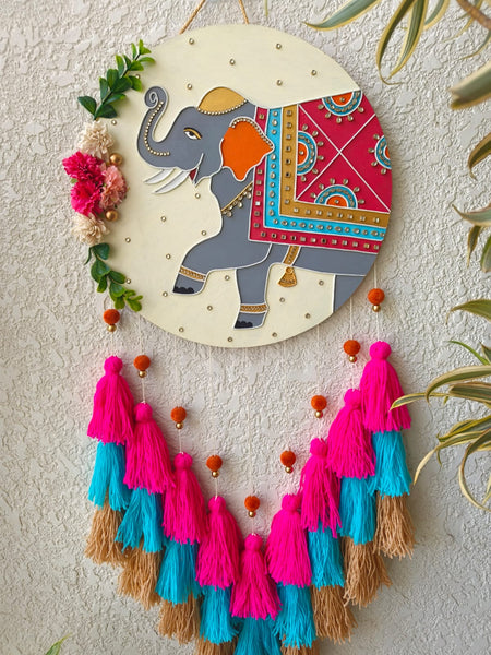 Elephant Lippan Art Wall Hanging with Tassles