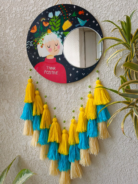 Think Positive Mirror Wall Hanging with Tassels