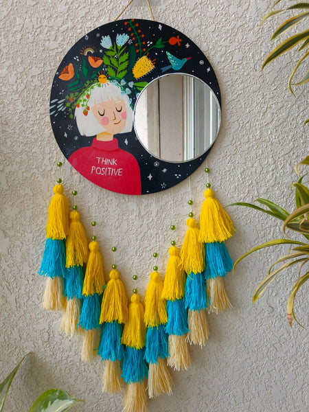 Think Positive Mirror Wall Hanging with Tassels