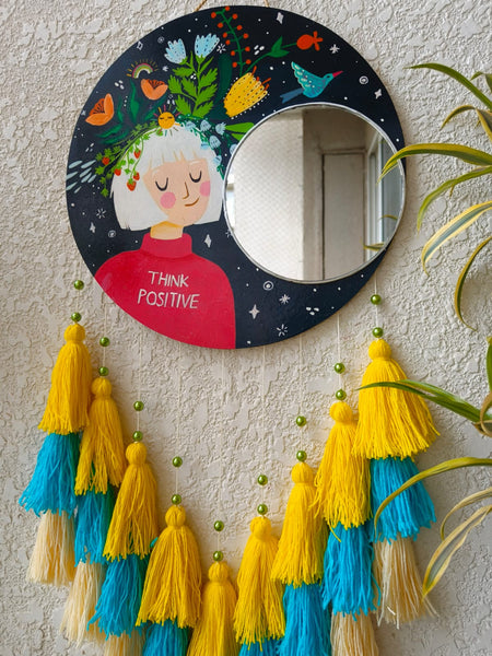 Think Positive Mirror Wall Hanging with Tassels