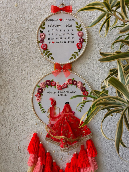 Customizable Bride & Groom Calendar Embroidered Double Hoop with Tassels