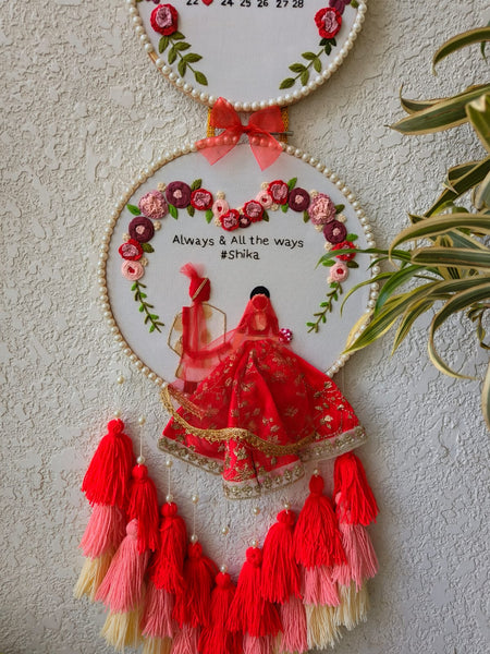 Customizable Bride & Groom Calendar Embroidered Double Hoop with Tassels