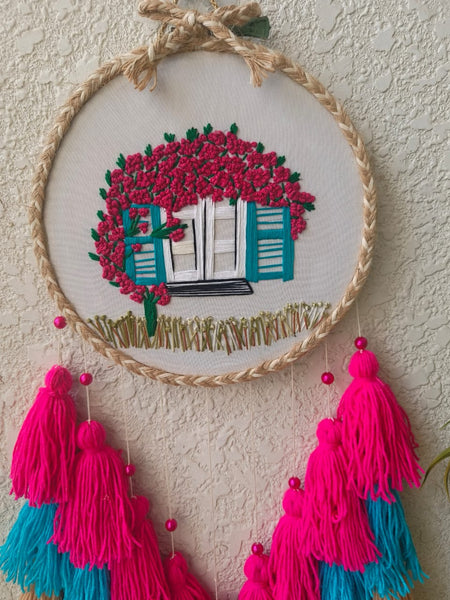 Embroidered Blooming Window Wall Hanging with Tassels