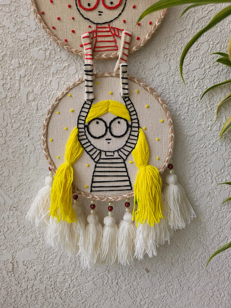 Quirky Friends or Siblings Embroidered Wall Hanging with Tassels