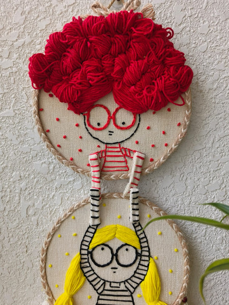 Quirky Friends or Siblings Embroidered Wall Hanging with Tassels