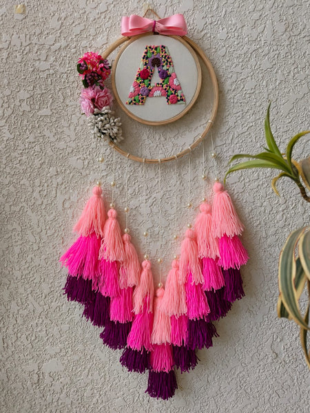 Customizable Floral Embroidered Letter Hoop with Tassles