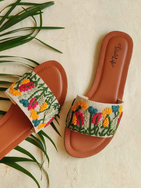 Hand Embroidered Floral Jute Sliders