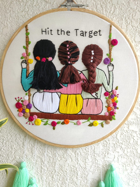 3 Girls on Swing Embroidered Hoop with Tassels