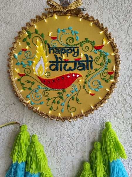 'Happy Diwali' Embroidered Hanging Dreamcatcher with Lights